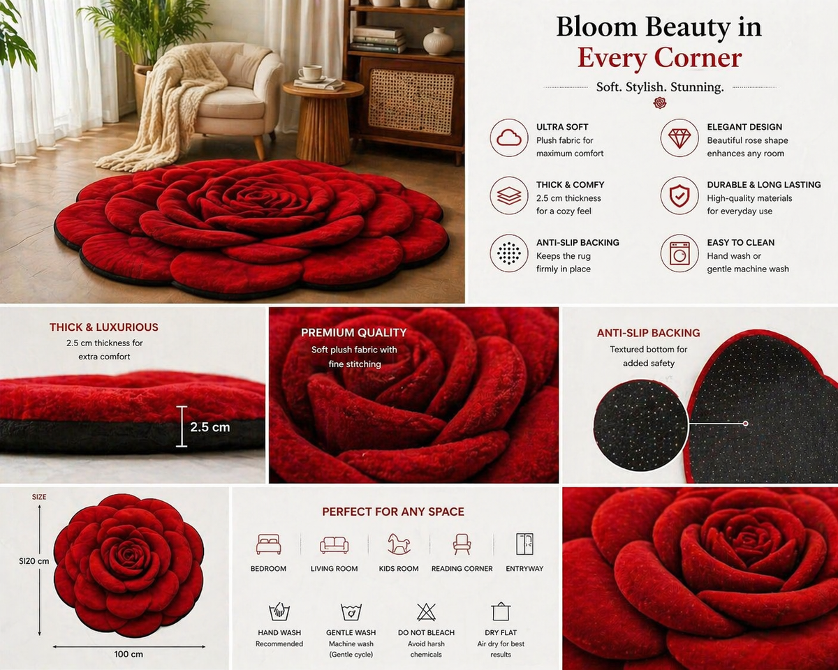 3D Modern Flower Design Anti-Dirt & Water Absorbent Carpet Non-Slip Rubber for Home & Hotel Living Room Digitally Printed (3.5ft by 3.5ft)